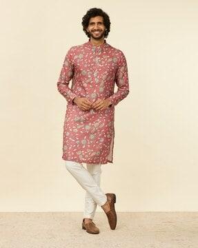 men printed long kurta with mandarin collar