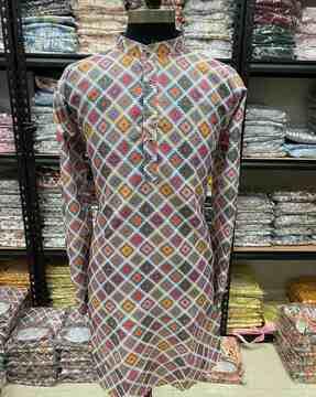 men printed long kurta with mandarin collar