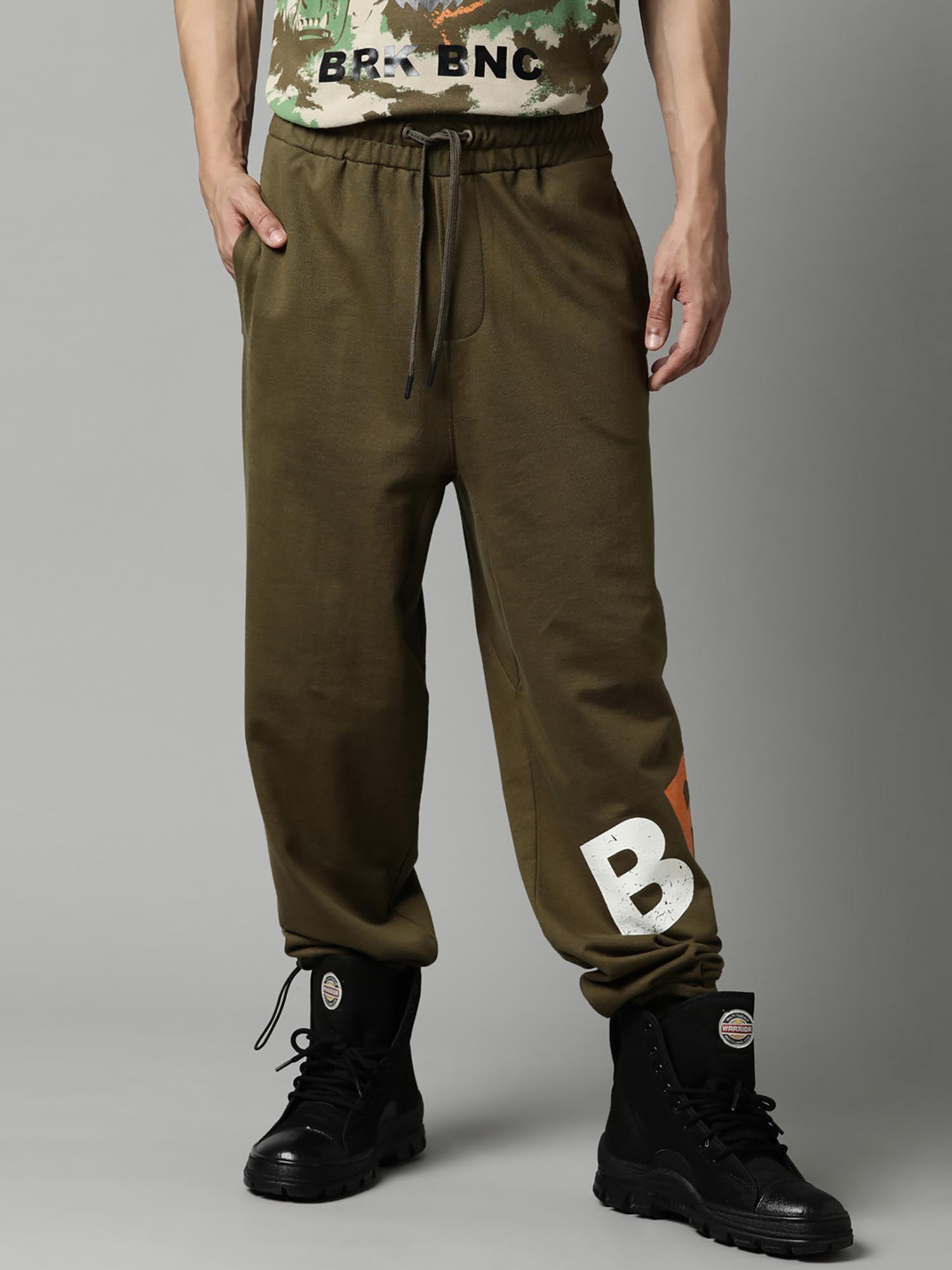 men printed loose fit olive knitted joggers