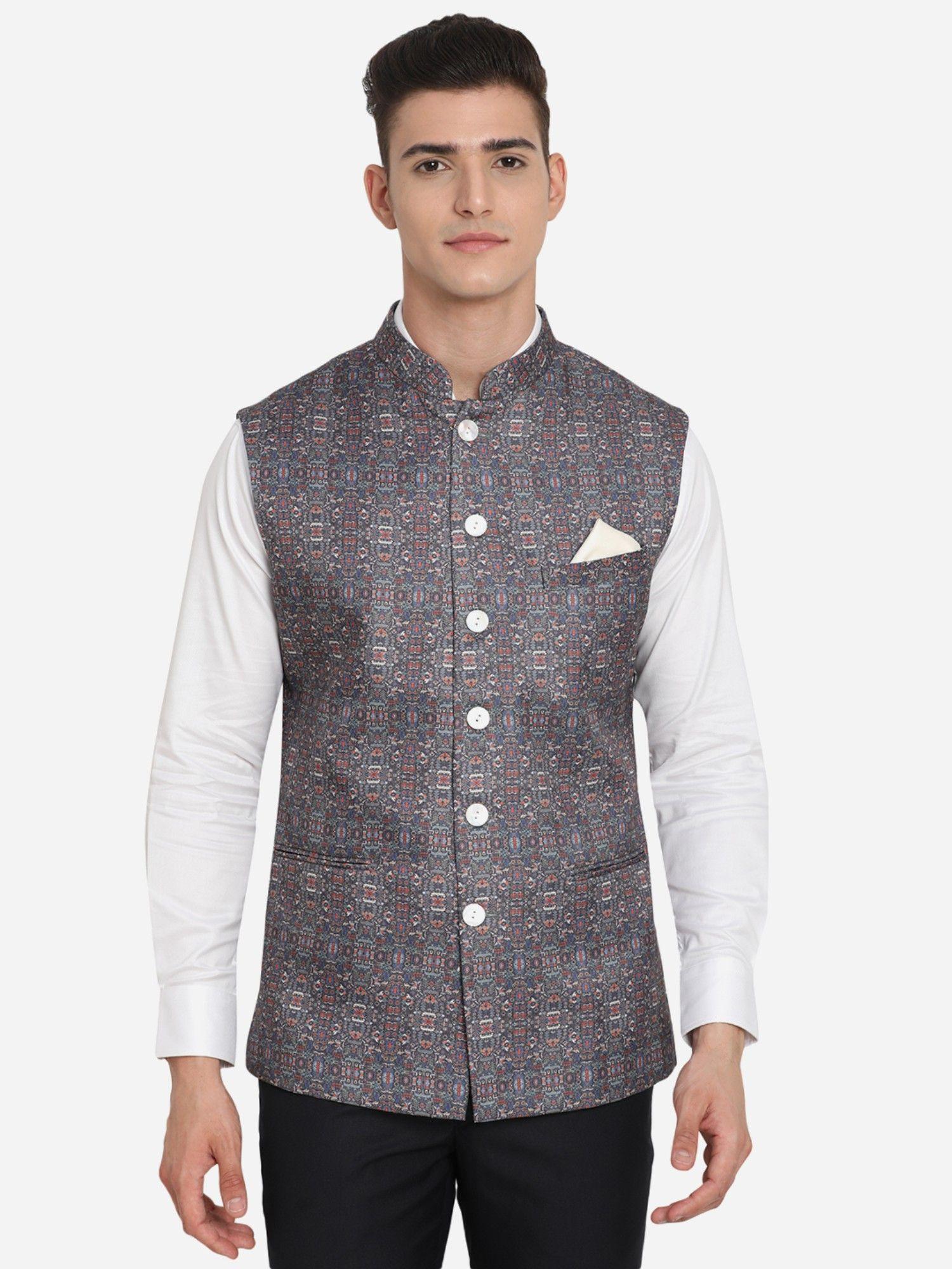 men printed multicolor terry wool bandhgala jacket