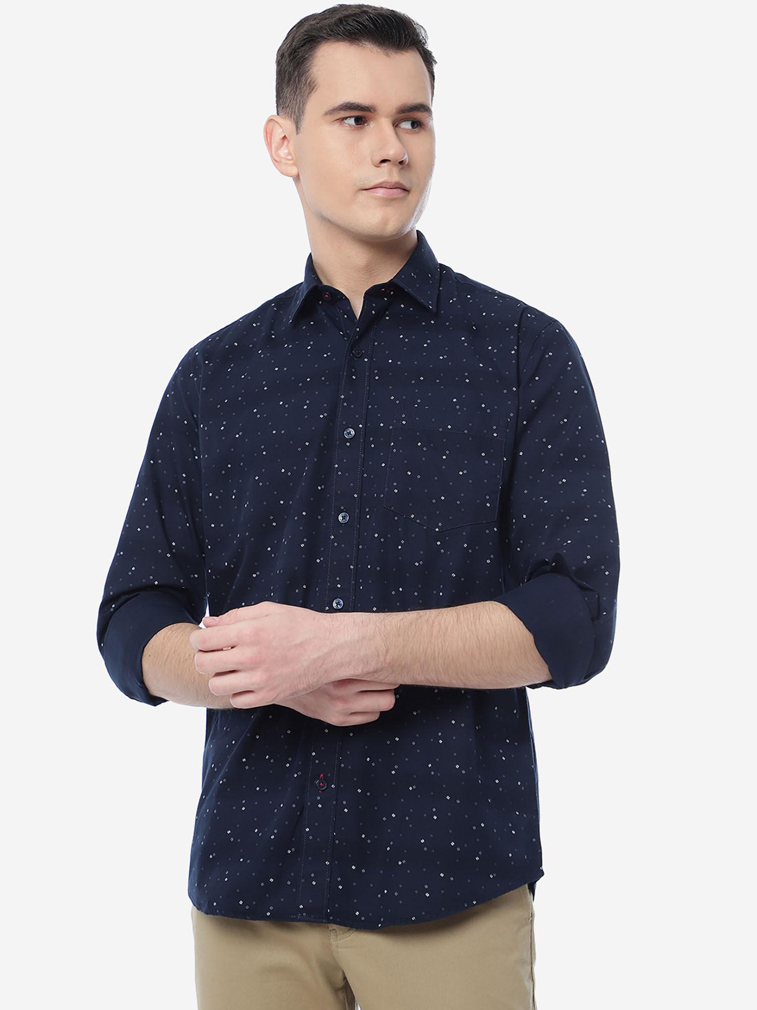 men printed navy blue cotton full sleeved casual shirt