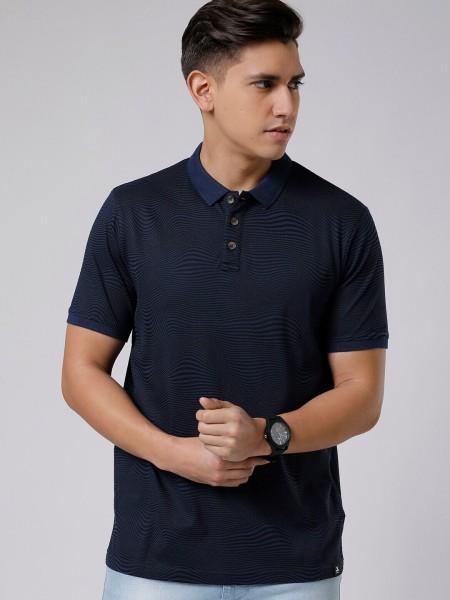 men printed polo neck cotton blend dark blue t-shirt