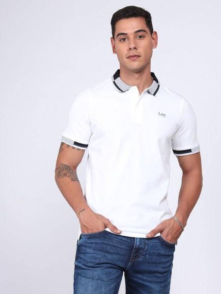 men printed polo neck cotton blend white t-shirt