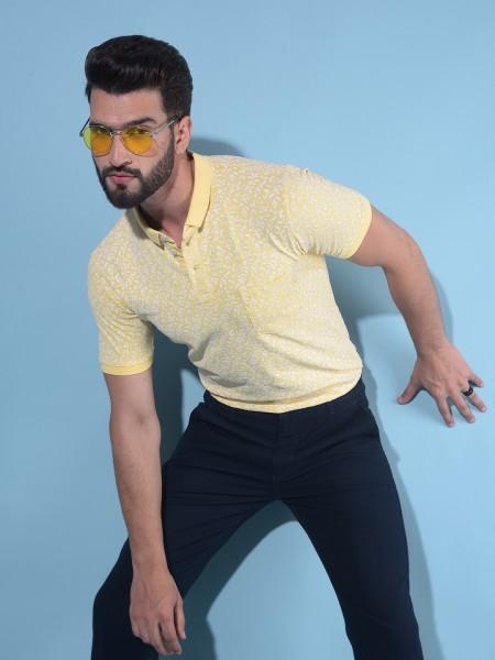 men printed polo neck cotton blend yellow t-shirt