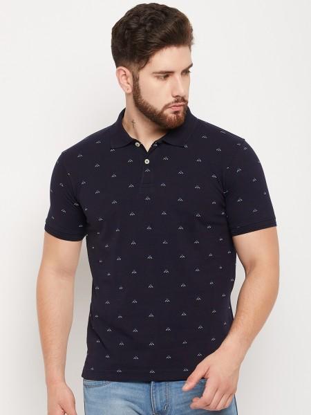 men printed polo neck poly cotton navy blue t-shirt