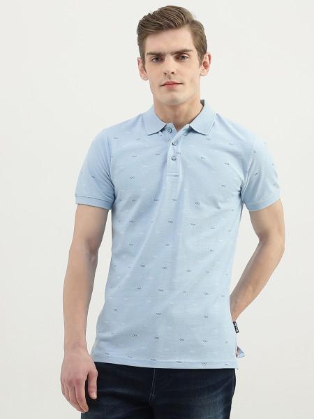 men printed polo neck pure cotton blue t-shirt