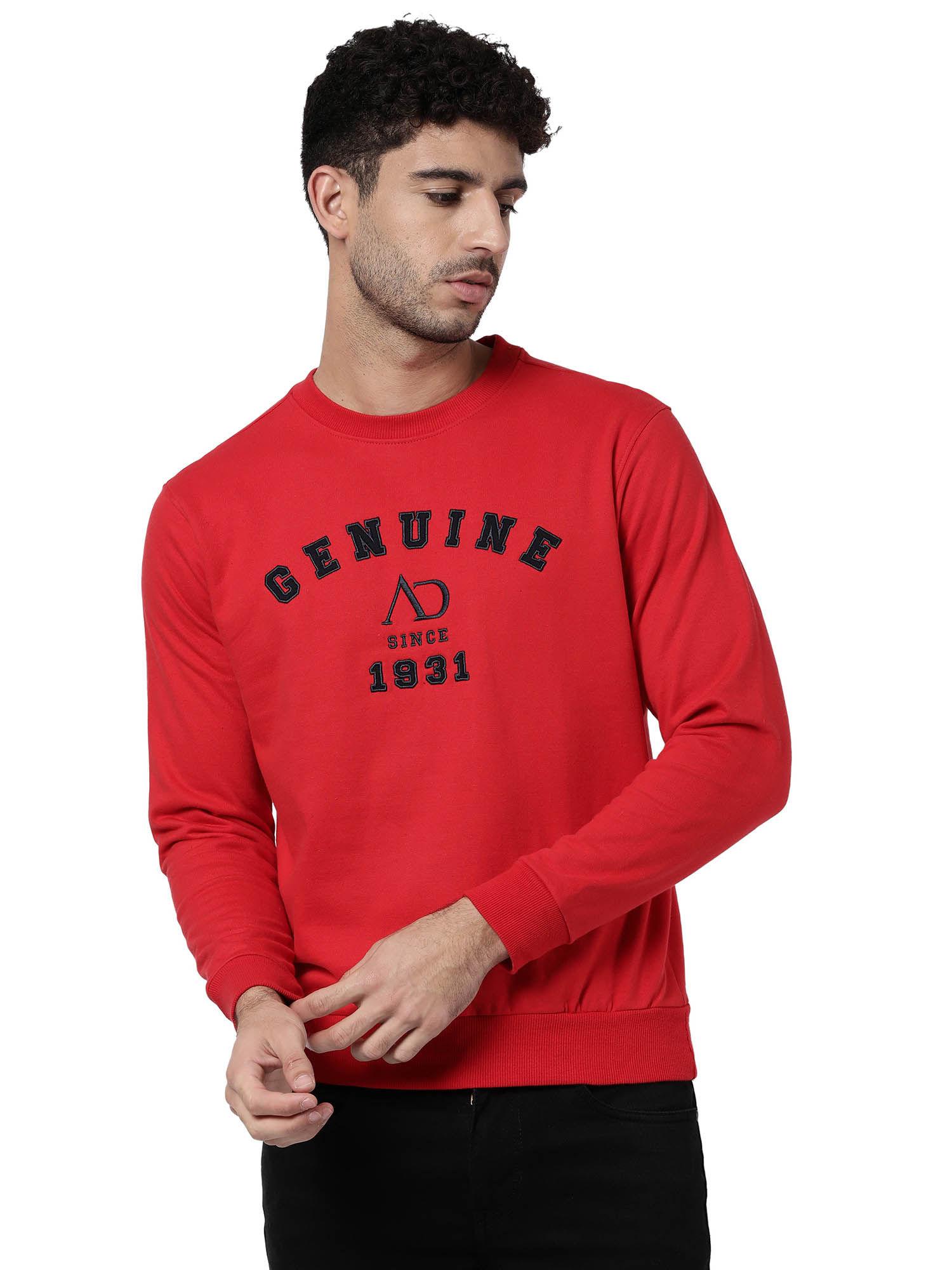 men printed red sweatshirt