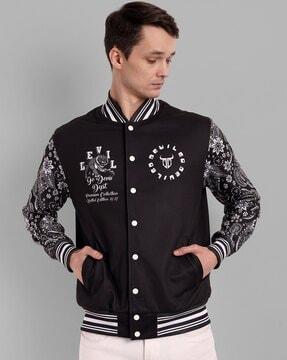 men printed regular fit bomber jacket