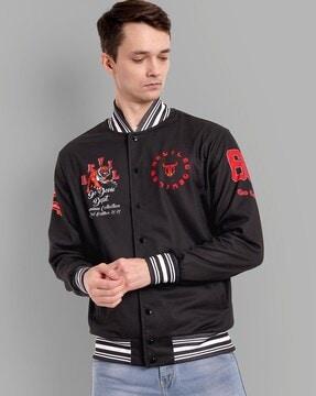 men printed regular fit bomber jacket