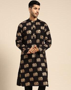 men printed regular fit long kurta with insert pcokets