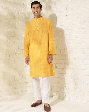 men printed regular fit long kurta with mandarin collar