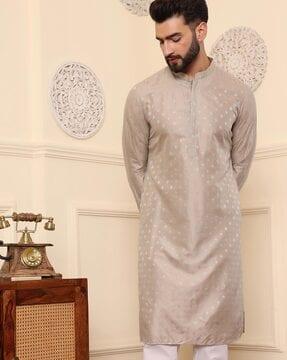 men printed regular fit long kurta with mandarin collar