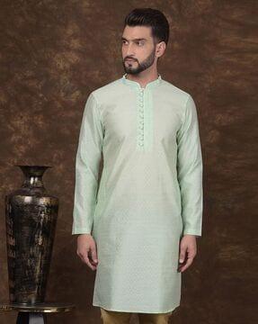 men printed regular fit long kurta with mandarin collar