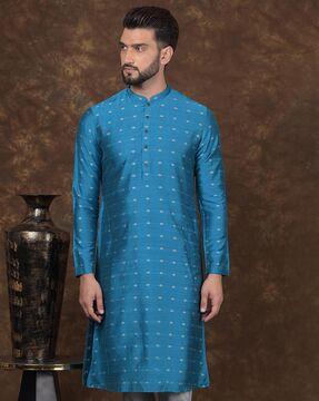 men printed regular fit long kurta with mandarin collar