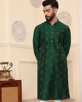 men printed regular fit long kurta with mandarin collar