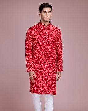 men printed regular fit long kurta with mandarin collar