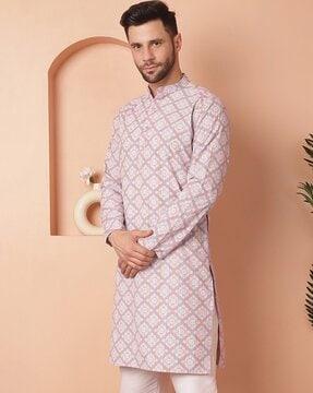 men printed regular fit long kurta