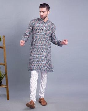 men printed regular fit long kurta