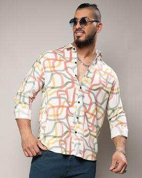 men printed regular fit shirt with cuffed sleeves