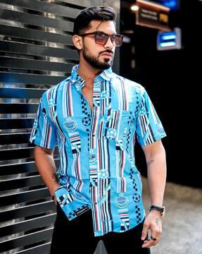 men printed regular fit shirt with patch pocket