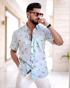 men printed regular fit shirt with patch pocket