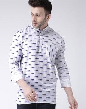 men printed regular fit short kurta with full sleeves