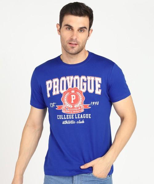 men printed round neck cotton blend dark blue t-shirt