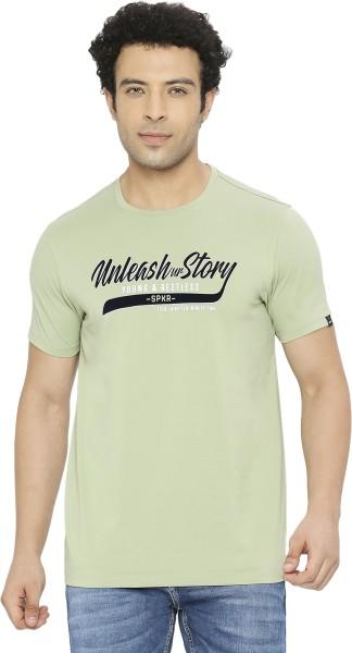 men printed round neck cotton blend green t-shirt