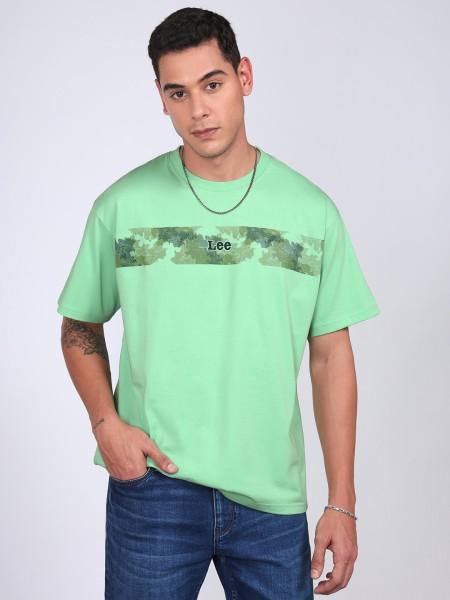 men printed round neck cotton blend green t-shirt