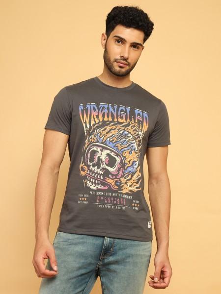 men printed round neck cotton blend grey t-shirt