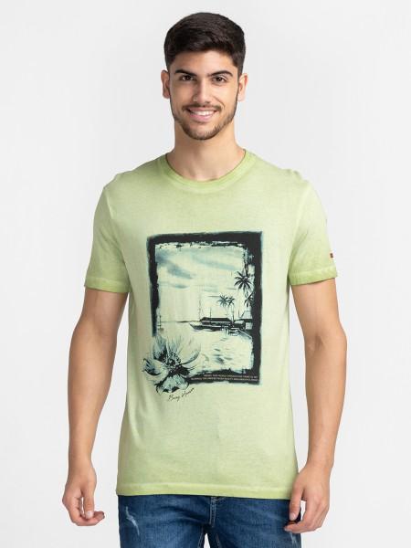 men printed round neck cotton blend light green t-shirt