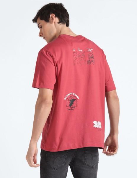 men printed round neck cotton blend red t-shirt