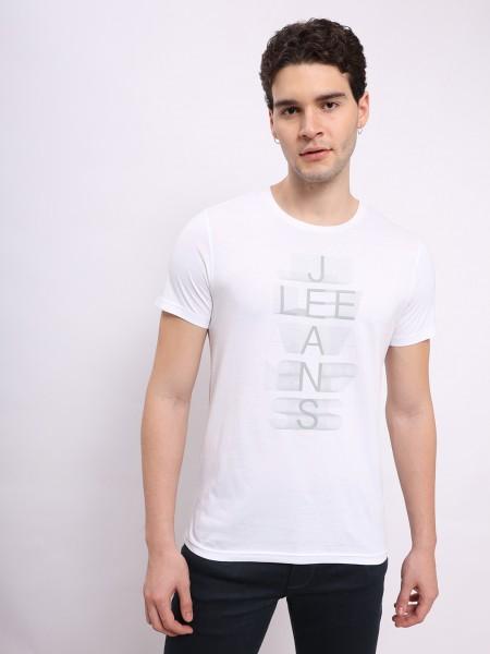 men printed round neck cotton blend white t-shirt