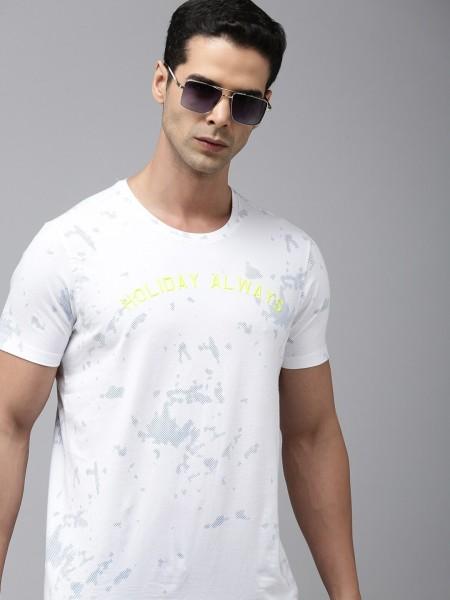 men printed round neck cotton blend white t-shirt