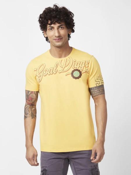 men printed round neck cotton blend yellow t-shirt