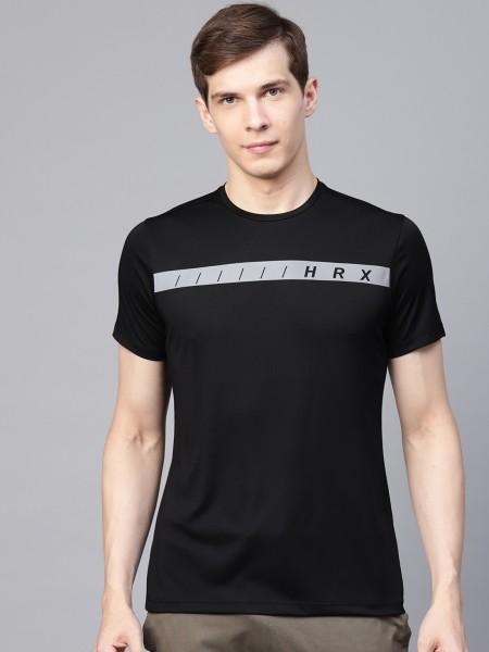 men printed round neck polyester black t-shirt