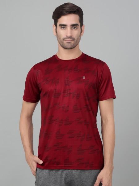 men printed round neck polyester red t-shirt