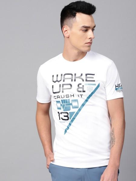 men printed round neck polyester white t-shirt