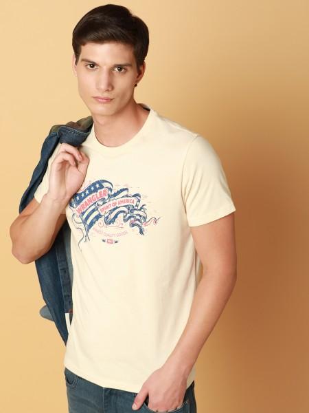 men printed round neck pure cotton beige t-shirt