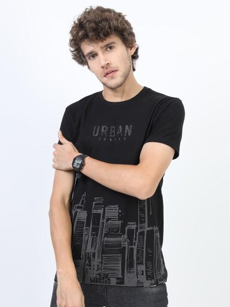 men printed round neck pure cotton black t-shirt