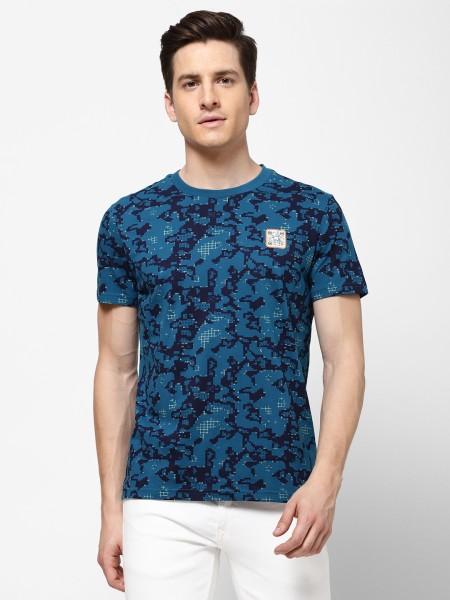 men printed round neck pure cotton blue t-shirt