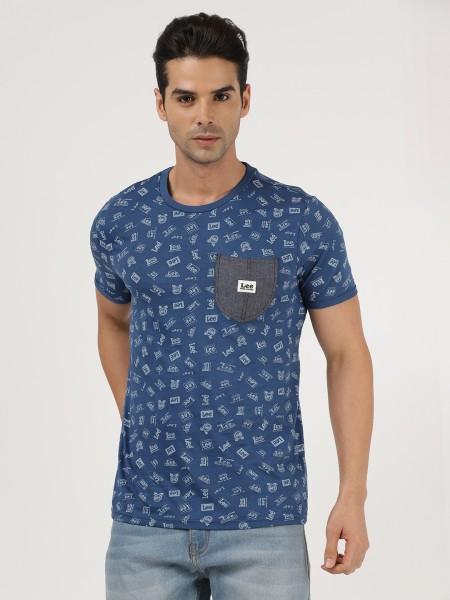 men printed round neck pure cotton blue t-shirt