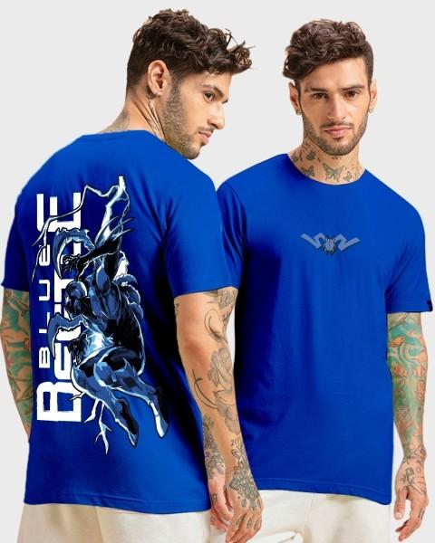 men printed round neck pure cotton blue t-shirt