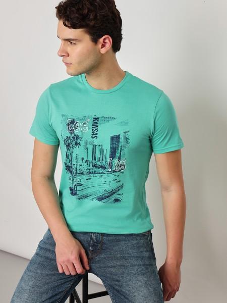 men printed round neck pure cotton green t-shirt