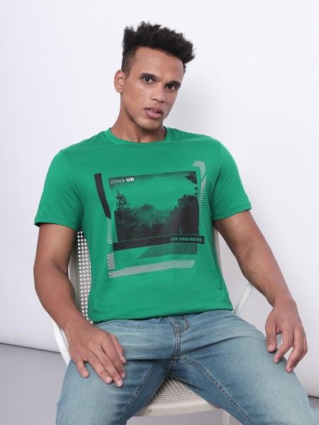 men printed round neck pure cotton green t-shirt