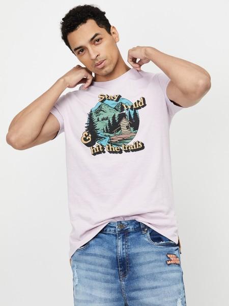 men printed round neck pure cotton purple t-shirt