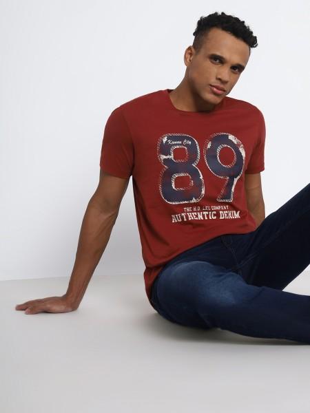 men printed round neck pure cotton red t-shirt