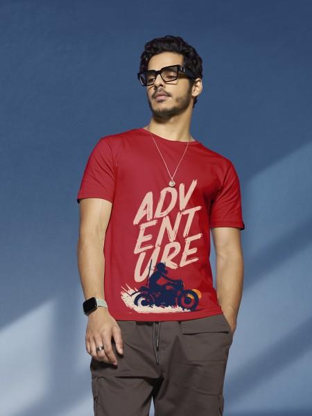 men printed round neck pure cotton red t-shirt