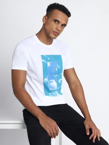 men printed round neck pure cotton white t-shirt