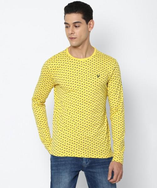 men printed round neck pure cotton yellow t-shirt